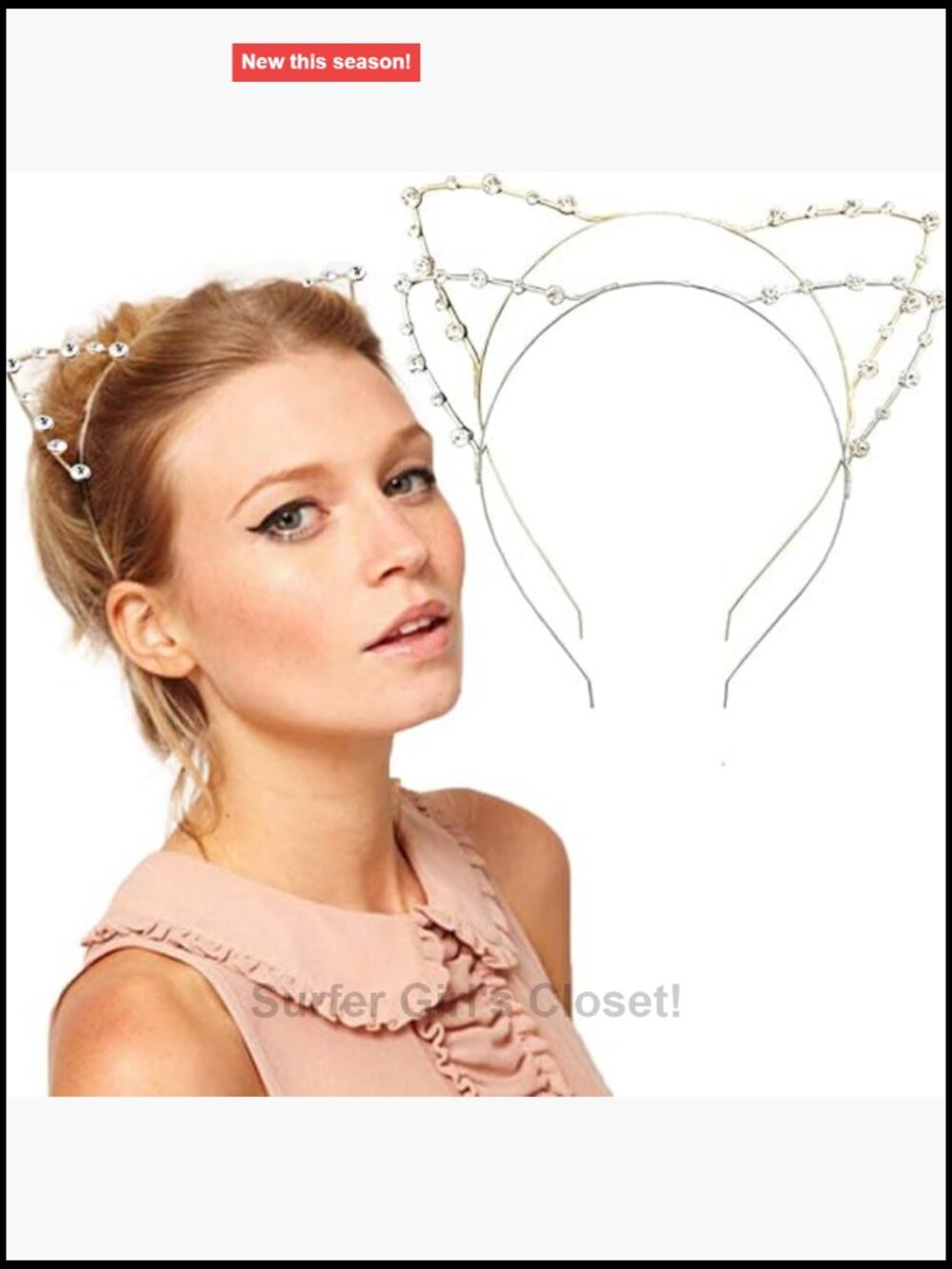 Rhinestone Cat Ears Headband for Women, Crystal Pearl Kitty Hair Band, Pack of 2